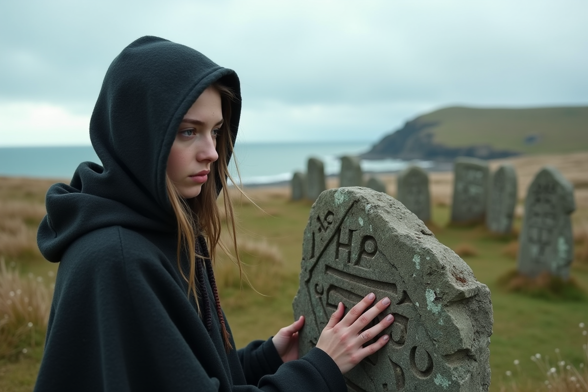 Jeune femme scandinave près de pierres runiques en plein air