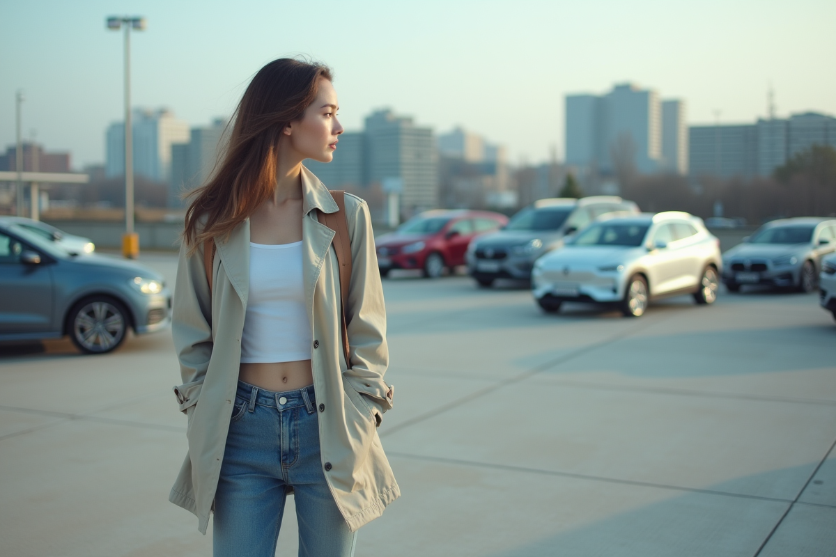 Jeune femme regardant des voitures dans un parking urbain