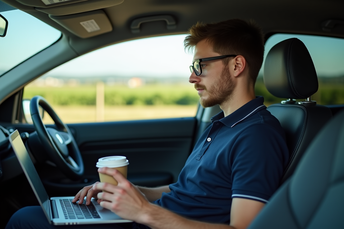 Jeune homme au bord de la route avec son ordinateur