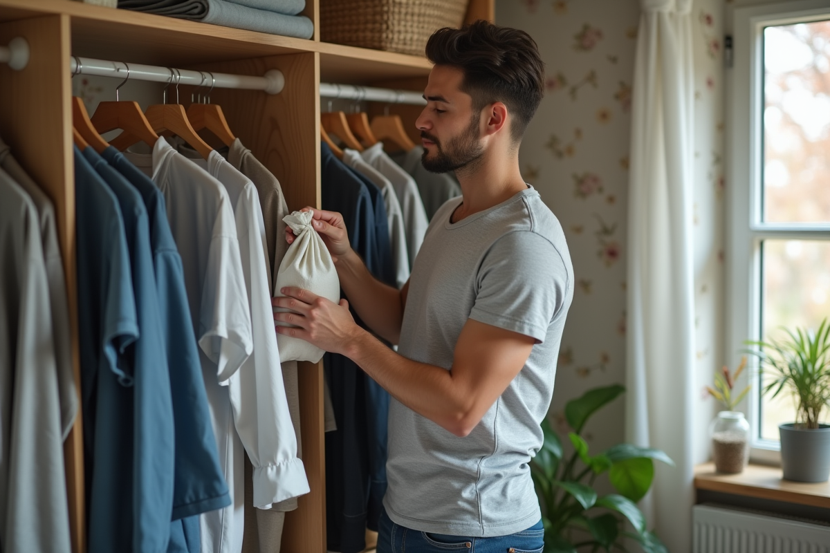 Jeune homme place un sachet de linge dans une armoire ouverte