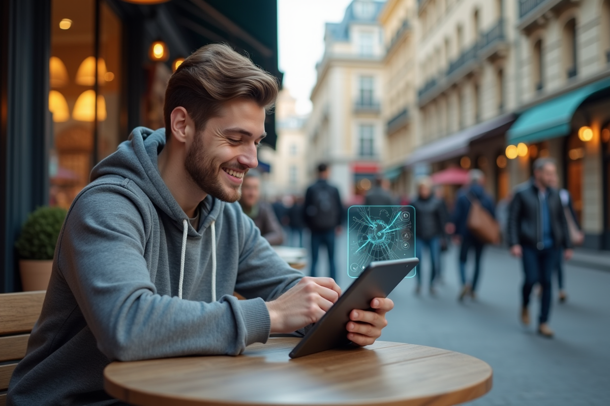 Jeune homme au café utilisant une tablette en milieu urbain