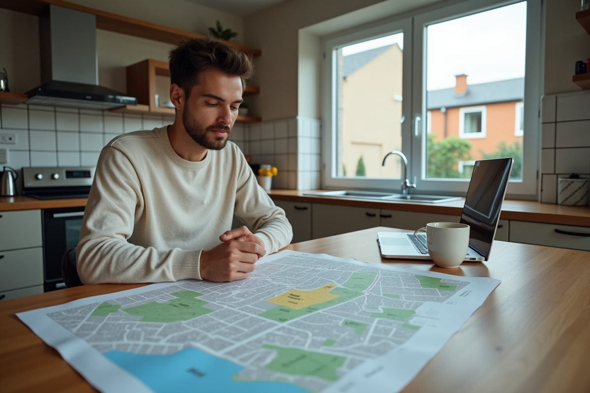 Jeune homme étudiant un plan de zonage dans sa cuisine
