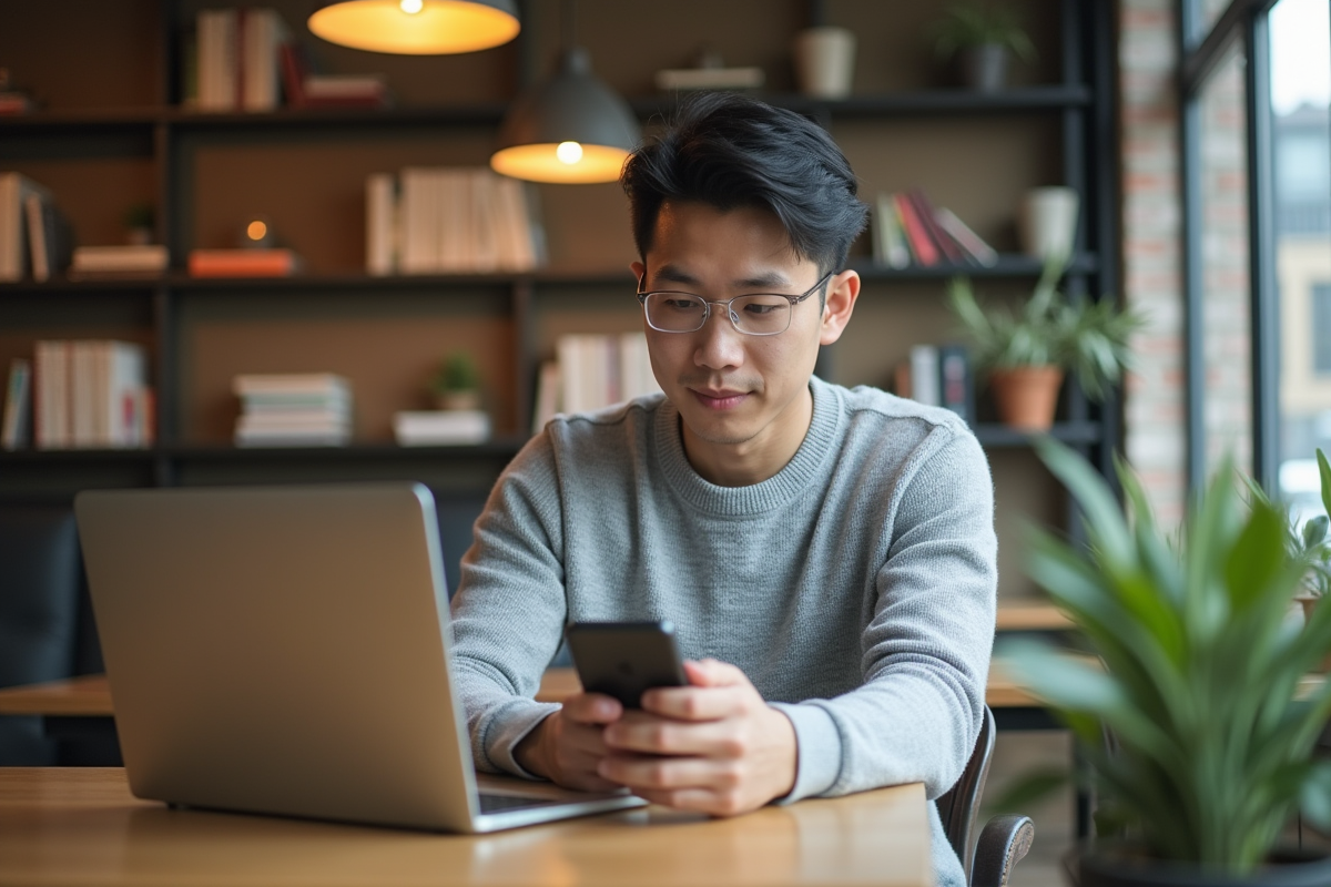 Jeune homme utilisant un ordinateur et smartphone en café
