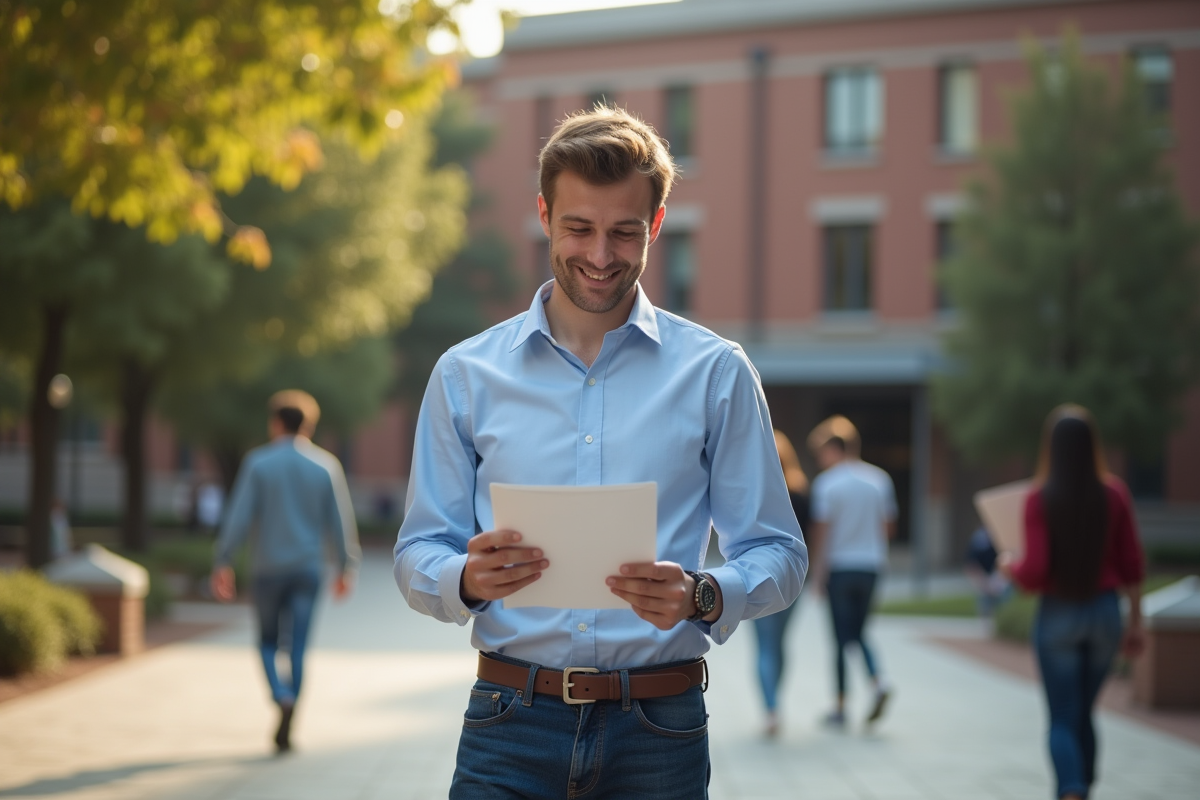 Jeune homme lisant une lettre devant un bâtiment universitaire