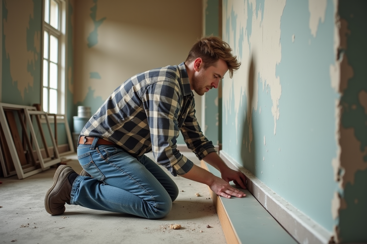 Jeune homme mesurant une plinthe dans une pièce en rénovation