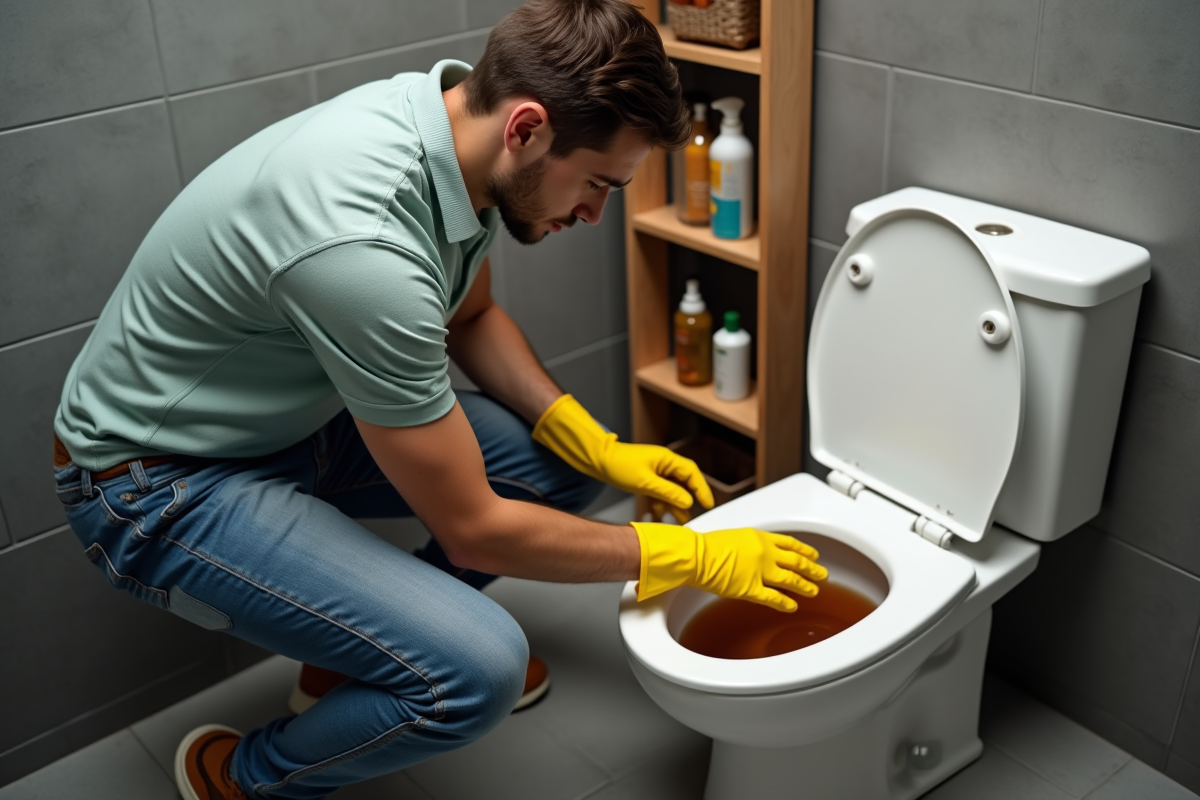 Jeune homme avec gants nettoie une tache dans la toilette
