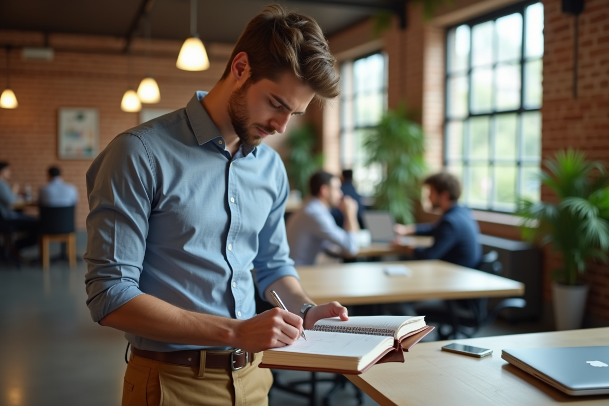 Jeune homme prenant des notes dans un espace de coworking