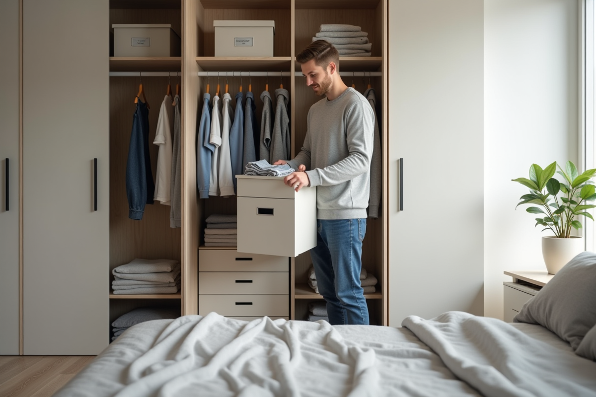 Jeune homme rangeant ses vêtements dans une chambre moderne