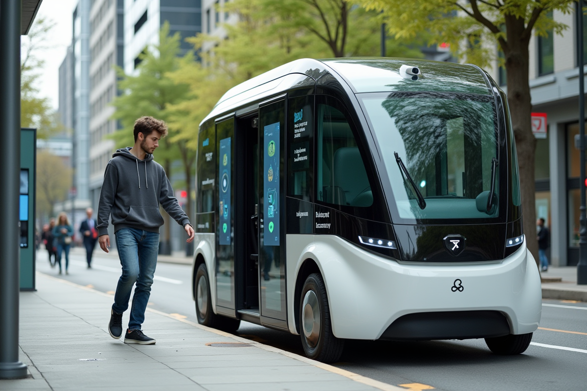 Jeune homme près d’un shuttle électrique dans la ville