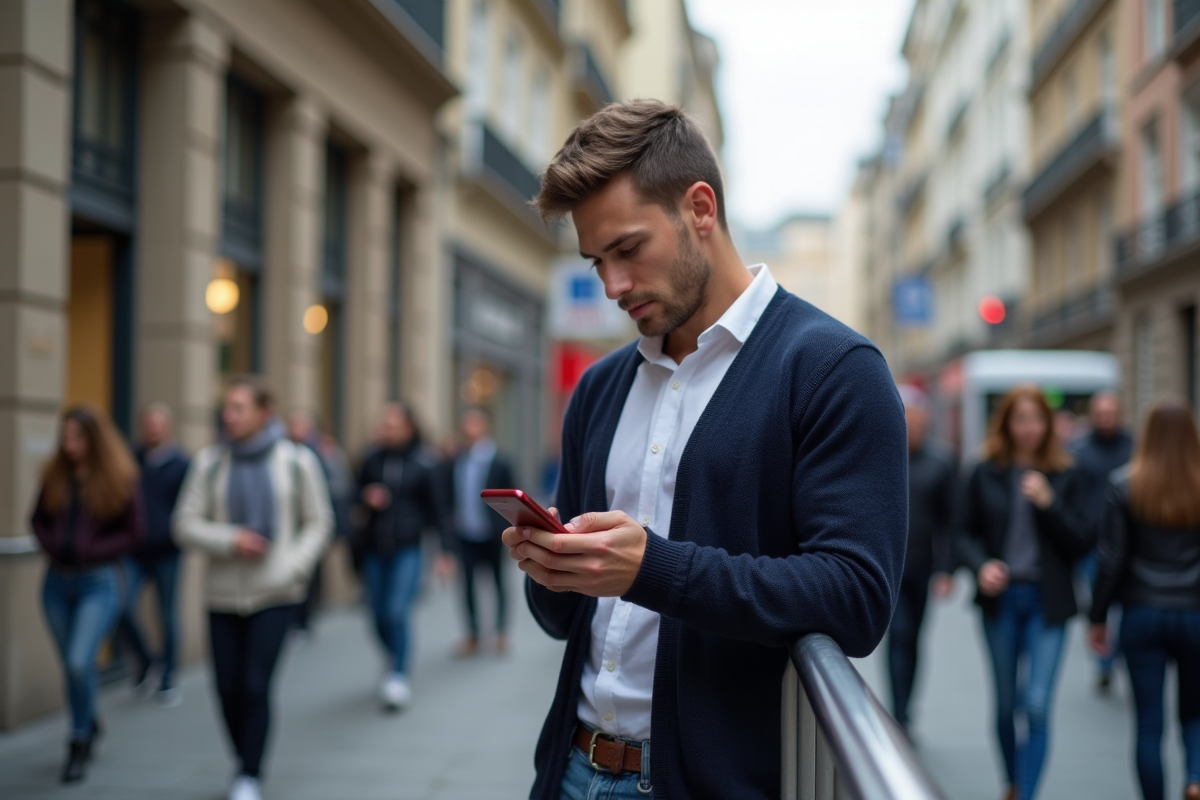 Jeune homme regardant son téléphone dans la rue urbaine