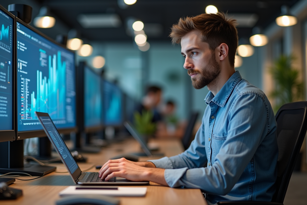 Jeune homme en informatique travaillant sur son ordinateur