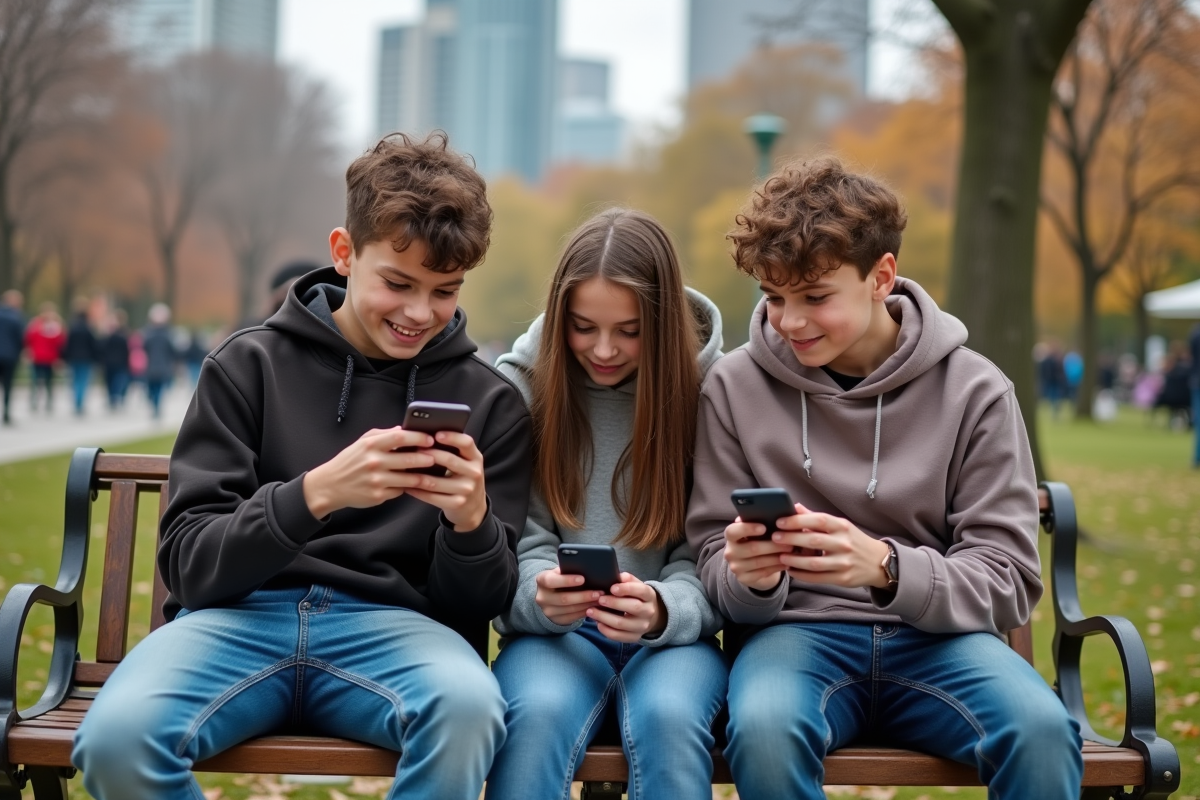 Trois adolescents assis sur un banc dans un parc urbain en train de regarder leurs smartphones