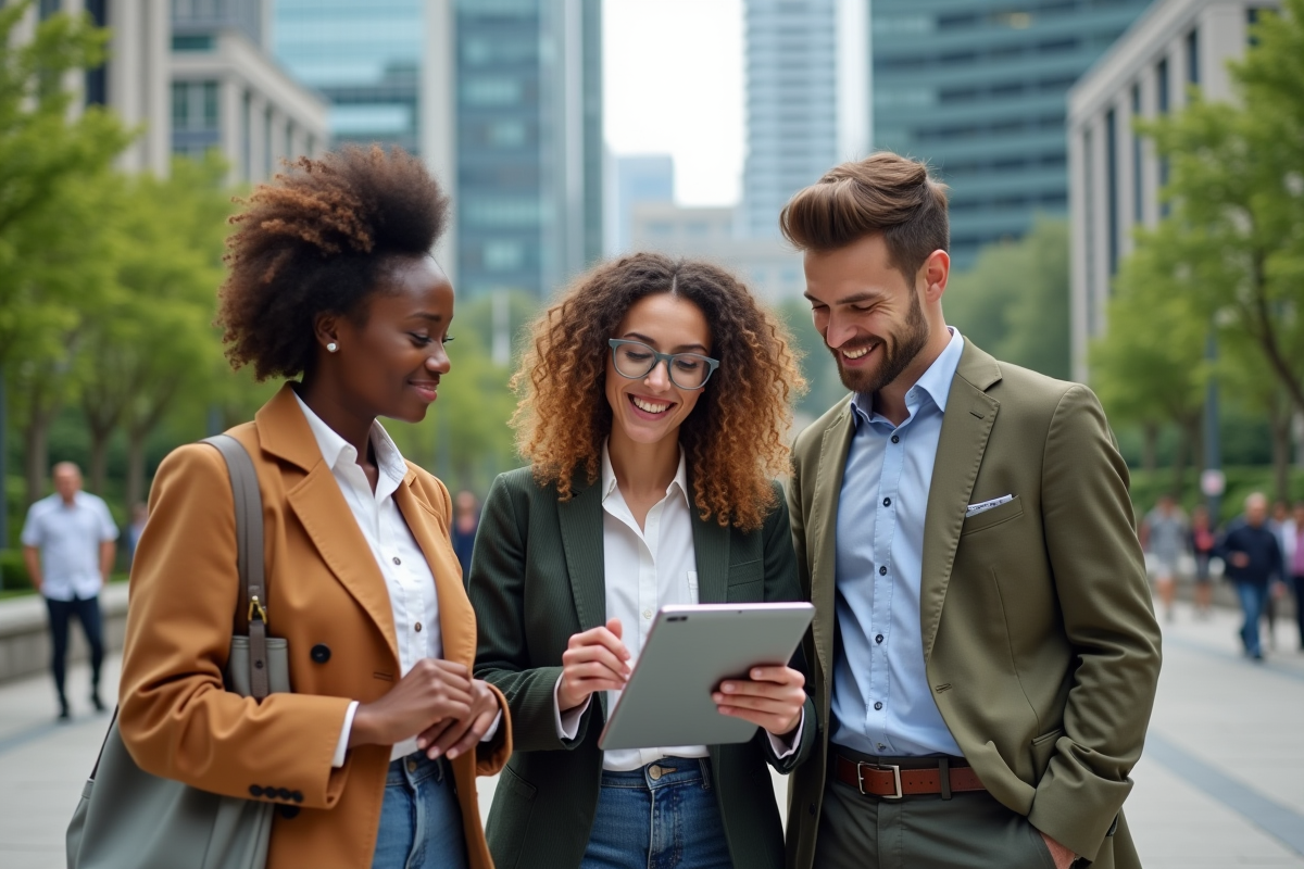 Groupe de jeunes professionnels discutant en parc urbain