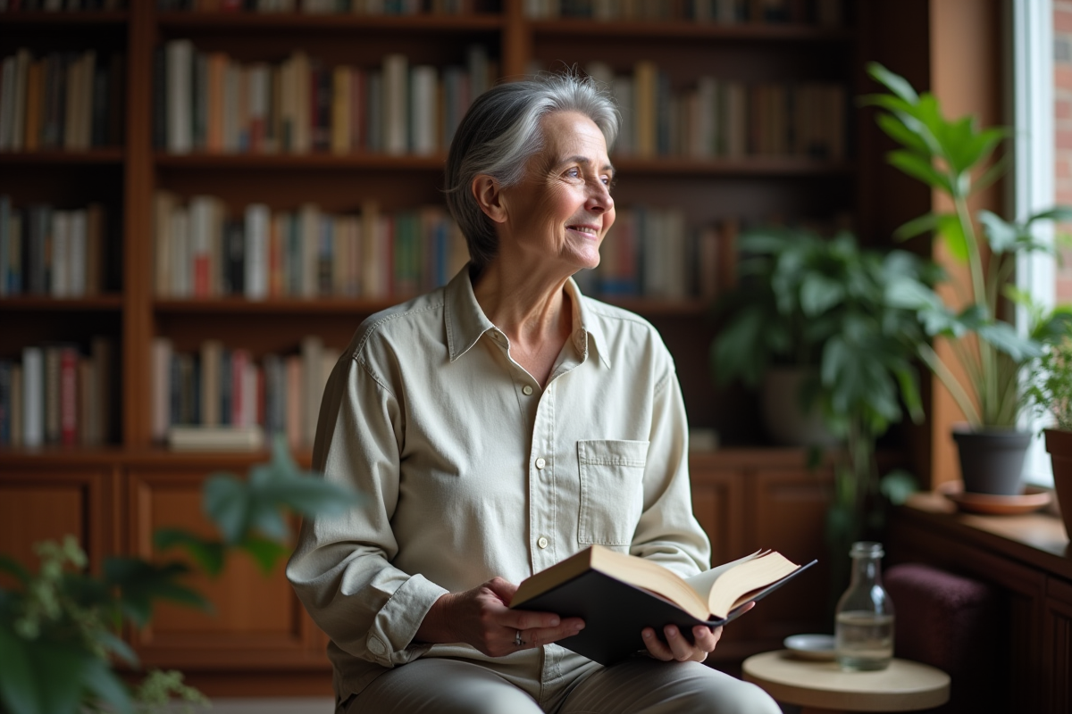 Personne nonbinaire lisant dans une bibliothèque chaleureuse