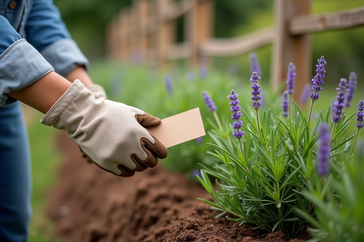 Main tenant une étiquette de plante près de buissons