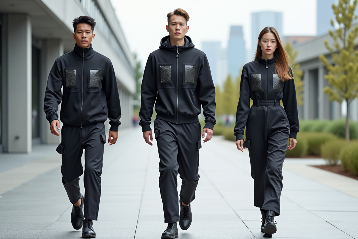 Modèles portant vêtements innovants avec écrans intégrés en extérieur