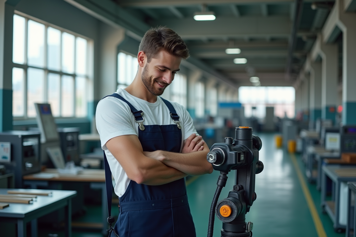Jeune ouvrier inspectant un bras robotique en usine