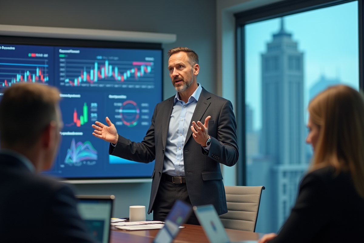 Homme présentant des résultats financiers en réunion