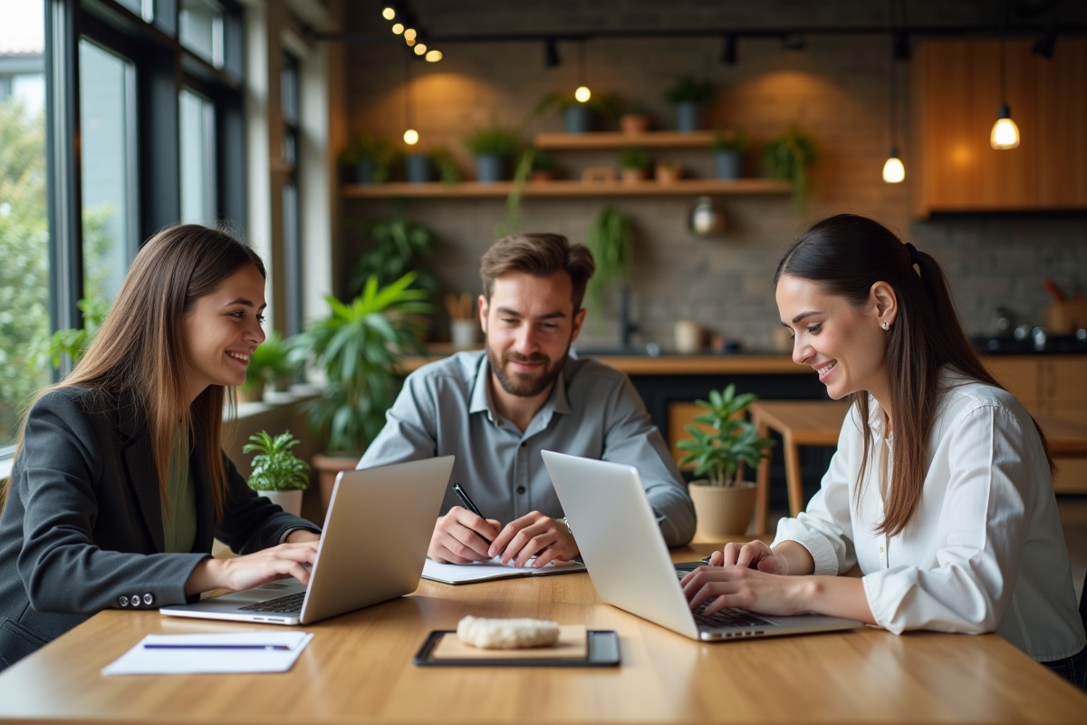 Trois jeunes professionnels travaillent ensemble dans un espace moderne