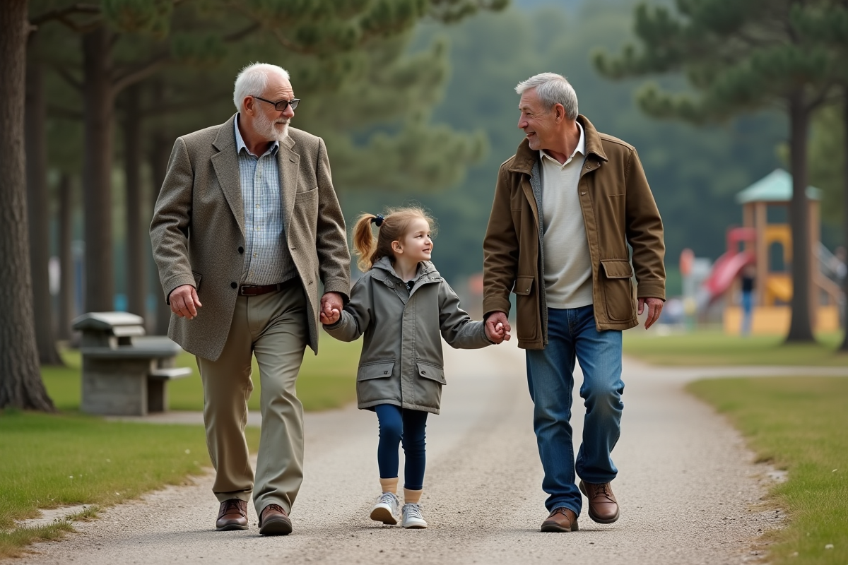 Trois générations marchent dans un parc en discutant